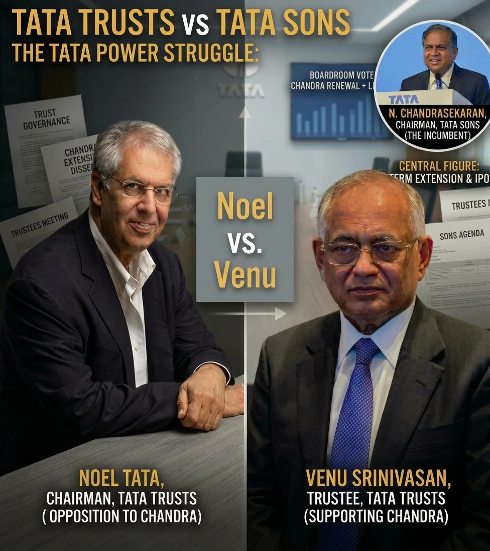 Tata Trusts vs Tata Sons — Noel Tata, Chairman of Tata Trusts, and Venu Srinivasan, Trustee of Tata Trusts, either side of the boardroom vote on the reappointment of N. Chandrasekaran, Chairman of Tata Sons.